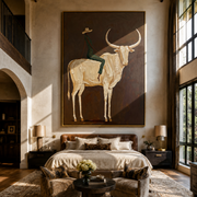 Ivory Horns Carry Green - cowboy white longhorn painting by Ethan Mercer, contemporary Western vertical wall art – styled room scene view 1