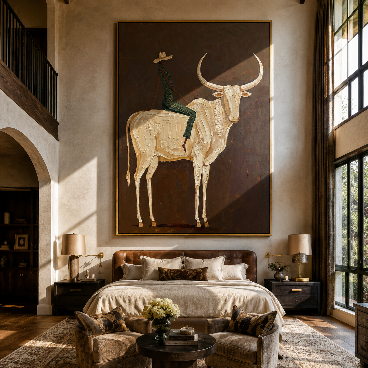 Ivory Horns Carry Green - cowboy white longhorn painting by Ethan Mercer, contemporary Western vertical wall art – styled room scene view 1