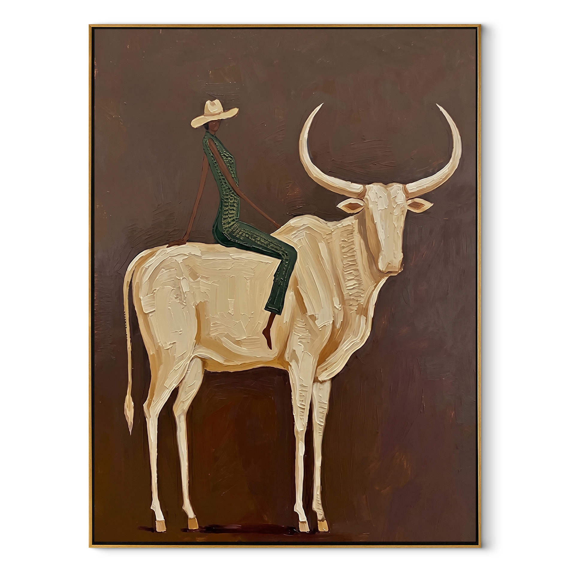 Ivory Horns Carry Green - cowboy white longhorn painting by Ethan Mercer, contemporary Western vertical wall art – wood frame on white background