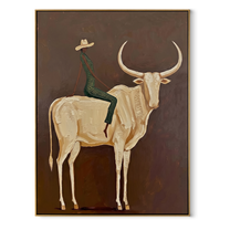 Ivory Horns Carry Green - cowboy white longhorn painting by Ethan Mercer, contemporary Western vertical wall art – wood frame on white background