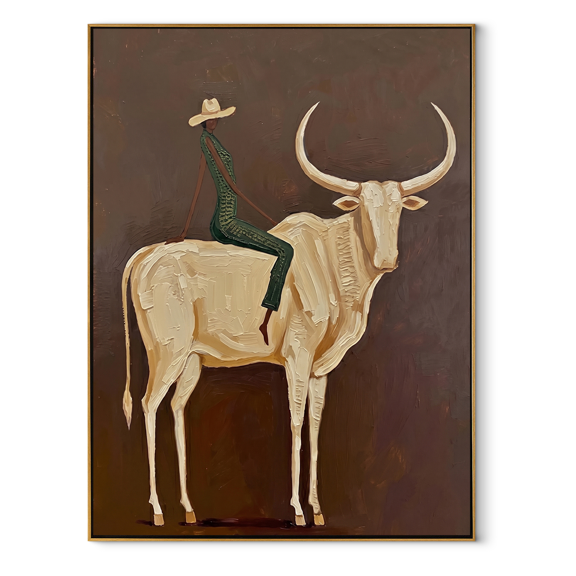 Ivory Horns Carry Green - cowboy white longhorn painting by Ethan Mercer, contemporary Western vertical wall art – wood frame on white background