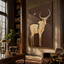 Ivory Horns Carry Green - cowboy white longhorn painting by Ethan Mercer, contemporary Western vertical wall art – styled room scene view 2