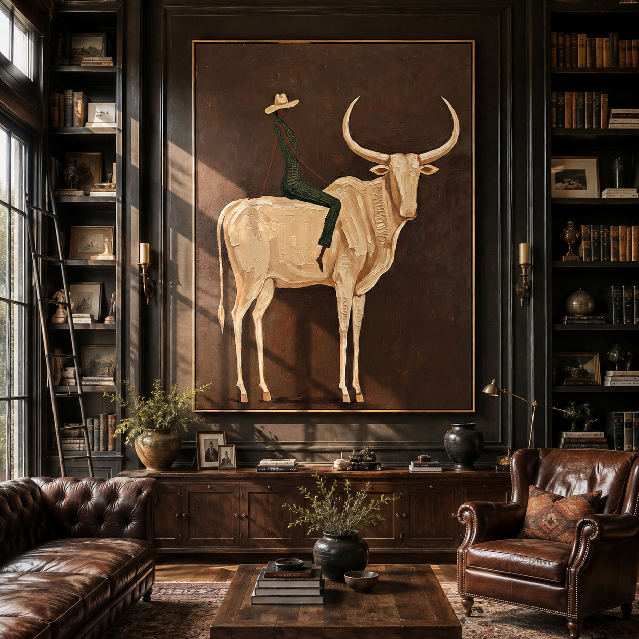 Ivory Horns Carry Green - cowboy white longhorn painting by Ethan Mercer, contemporary Western vertical wall art – styled room scene view 3