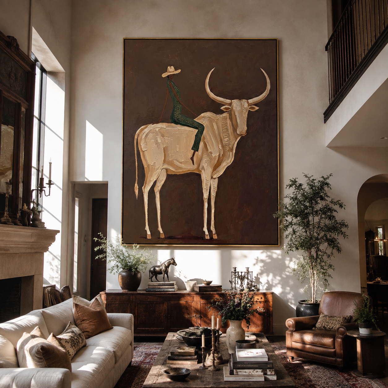 Ivory Horns Carry Green - cowboy white longhorn painting by Ethan Mercer, contemporary Western vertical wall art – styled room scene view 4
