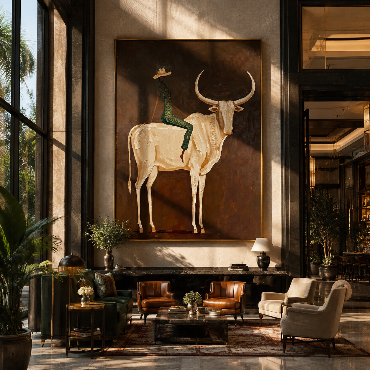 Ivory Horns Carry Green - cowboy white longhorn painting by Ethan Mercer, contemporary Western vertical wall art – styled room scene view 5