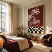 Checkerboard Guides Palm Rider - palm horse rider painting by Ethan Mercer, contemporary Western vertical wall art – styled room scene view 1