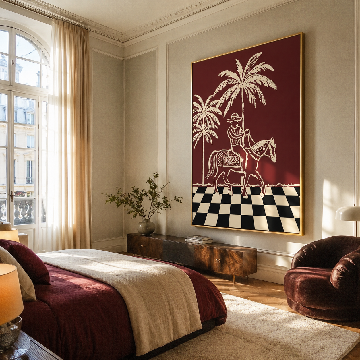 Checkerboard Guides Palm Rider - palm horse rider painting by Ethan Mercer, contemporary Western vertical wall art – styled room scene view 1