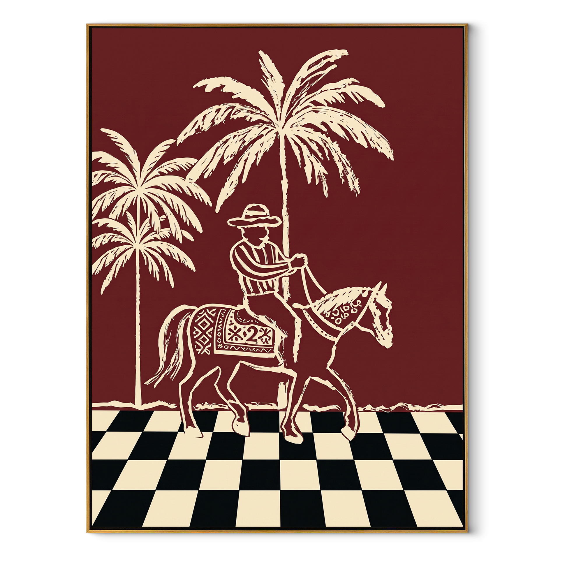 Checkerboard Guides Palm Rider - palm horse rider painting by Ethan Mercer, contemporary Western vertical wall art – wood frame on white background