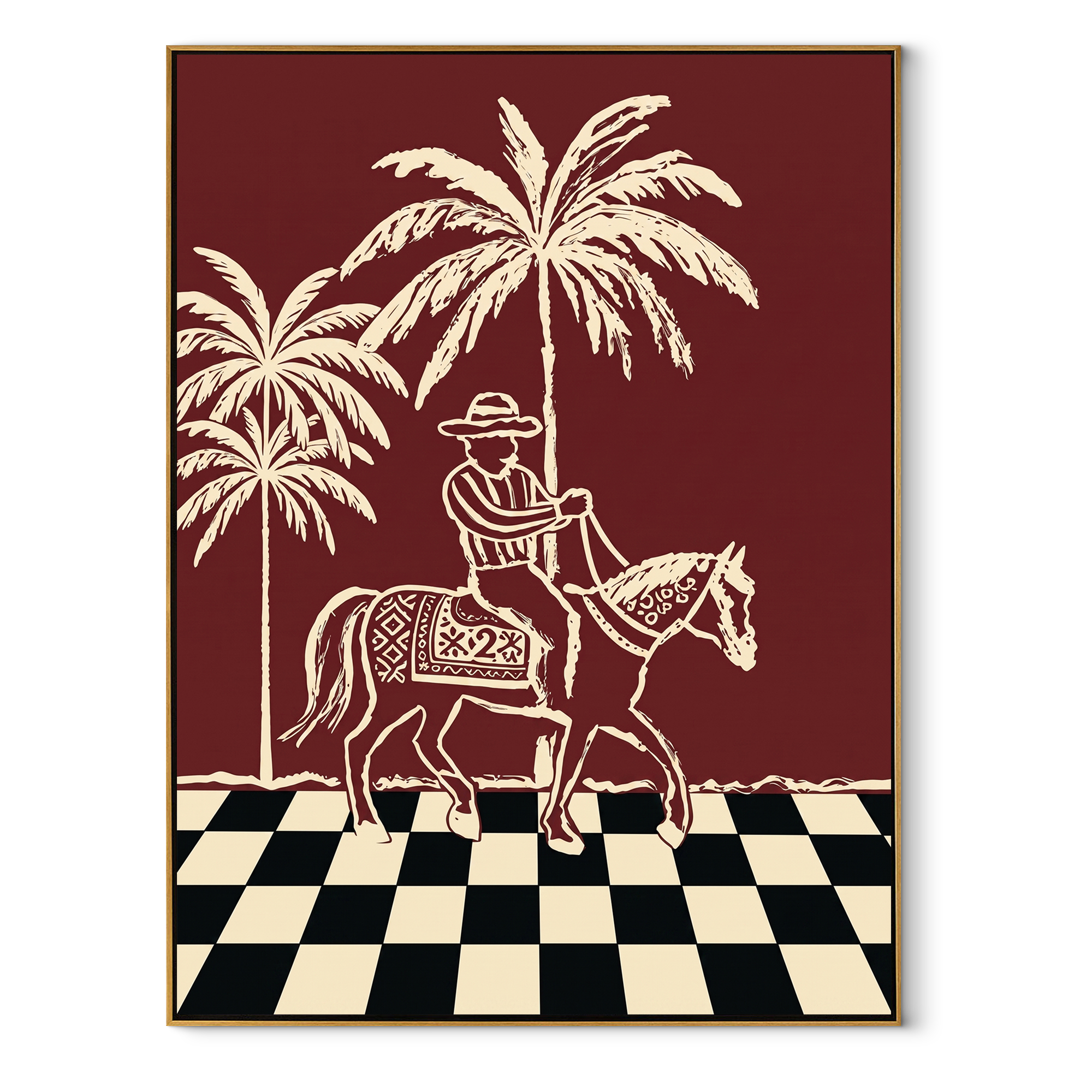 Checkerboard Guides Palm Rider - palm horse rider painting by Ethan Mercer, contemporary Western vertical wall art – wood frame on white background