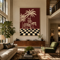Checkerboard Guides Palm Rider - palm horse rider painting by Ethan Mercer, contemporary Western vertical wall art – styled room scene view 2