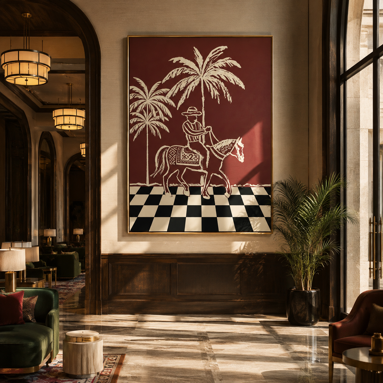 Checkerboard Guides Palm Rider - palm horse rider painting by Ethan Mercer, contemporary Western vertical wall art – styled room scene view 3