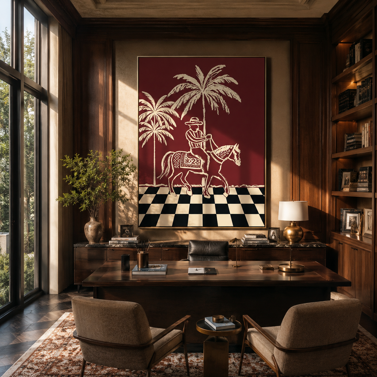 Checkerboard Guides Palm Rider - palm horse rider painting by Ethan Mercer, contemporary Western vertical wall art – styled room scene view 4