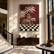 Checkerboard Guides Palm Rider - palm horse rider painting by Ethan Mercer, contemporary Western vertical wall art – styled room scene view 5