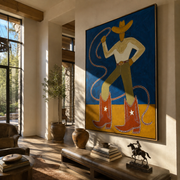Golden Boots Command Blue - cowboy lasso boots painting by Ethan Mercer, contemporary Western vertical wall art – styled room scene view 1
