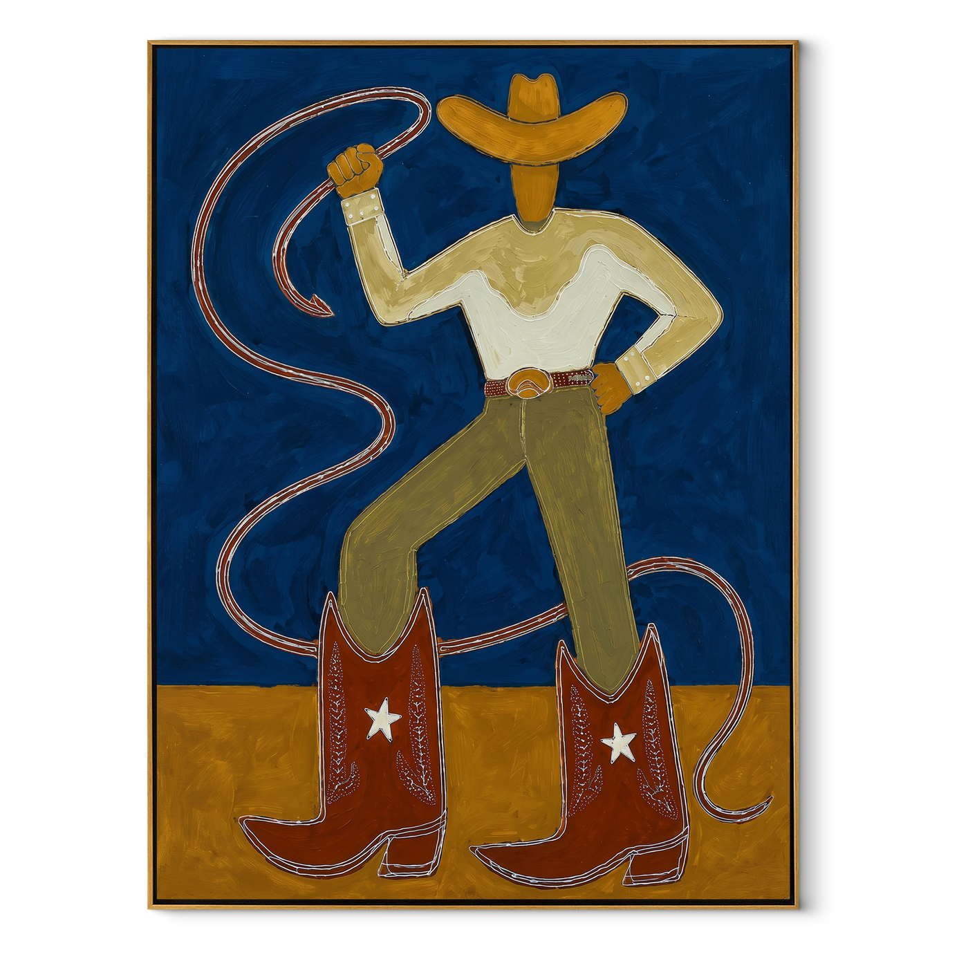 Golden Boots Command Blue - cowboy lasso boots painting by Ethan Mercer, contemporary Western vertical wall art – wood frame on white background