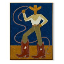 Golden Boots Command Blue - cowboy lasso boots painting by Ethan Mercer, contemporary Western vertical wall art – wood frame on white background