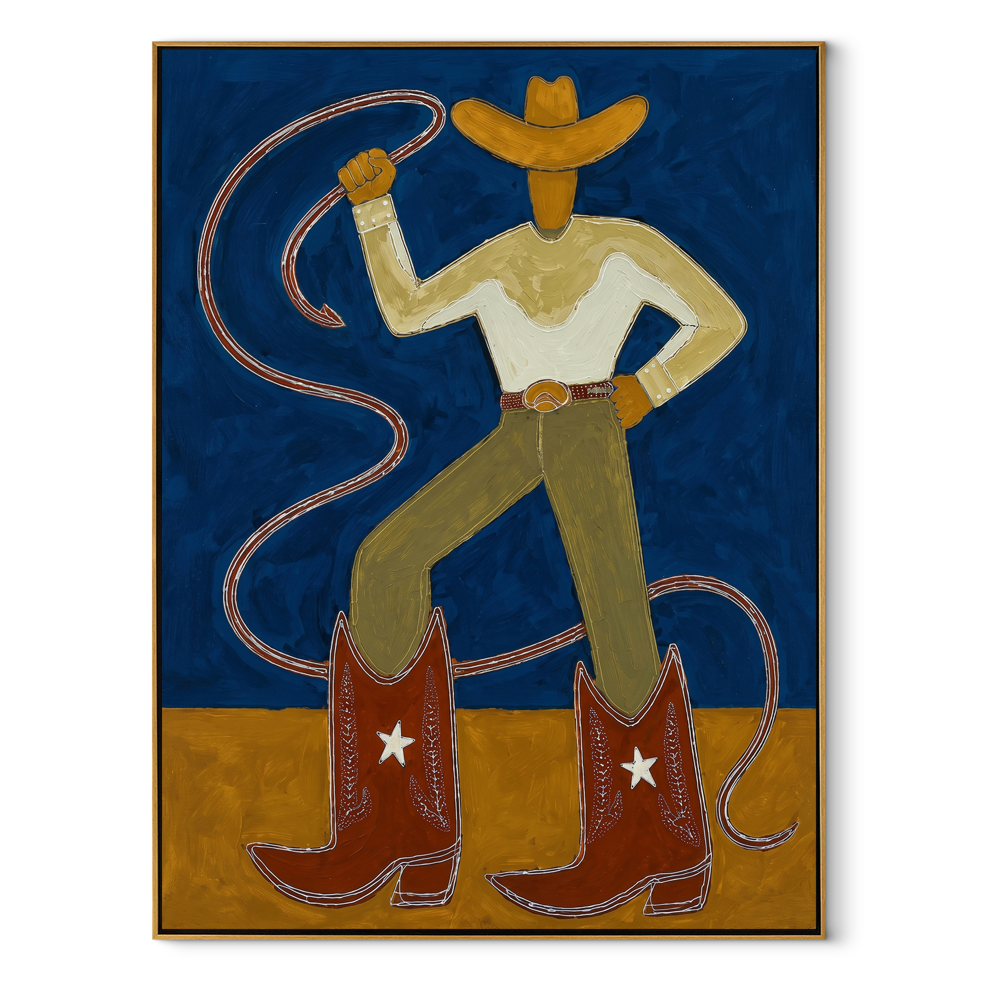 Golden Boots Command Blue - cowboy lasso boots painting by Ethan Mercer, contemporary Western vertical wall art – wood frame on white background