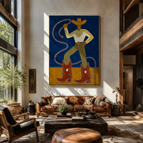 Golden Boots Command Blue - cowboy lasso boots painting by Ethan Mercer, contemporary Western vertical wall art – styled room scene view 2