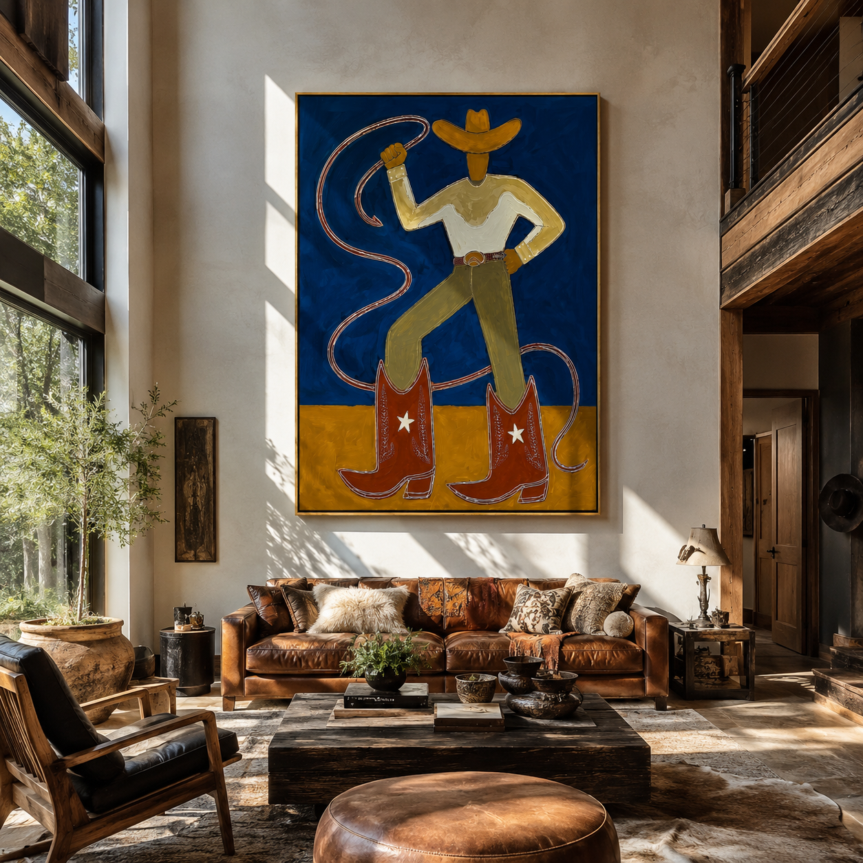 Golden Boots Command Blue - cowboy lasso boots painting by Ethan Mercer, contemporary Western vertical wall art – styled room scene view 2