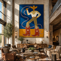 Golden Boots Command Blue - cowboy lasso boots painting by Ethan Mercer, contemporary Western vertical wall art – styled room scene view 3