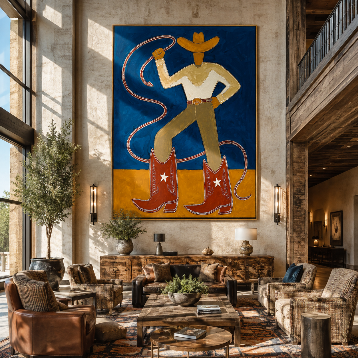 Golden Boots Command Blue - cowboy lasso boots painting by Ethan Mercer, contemporary Western vertical wall art – styled room scene view 3