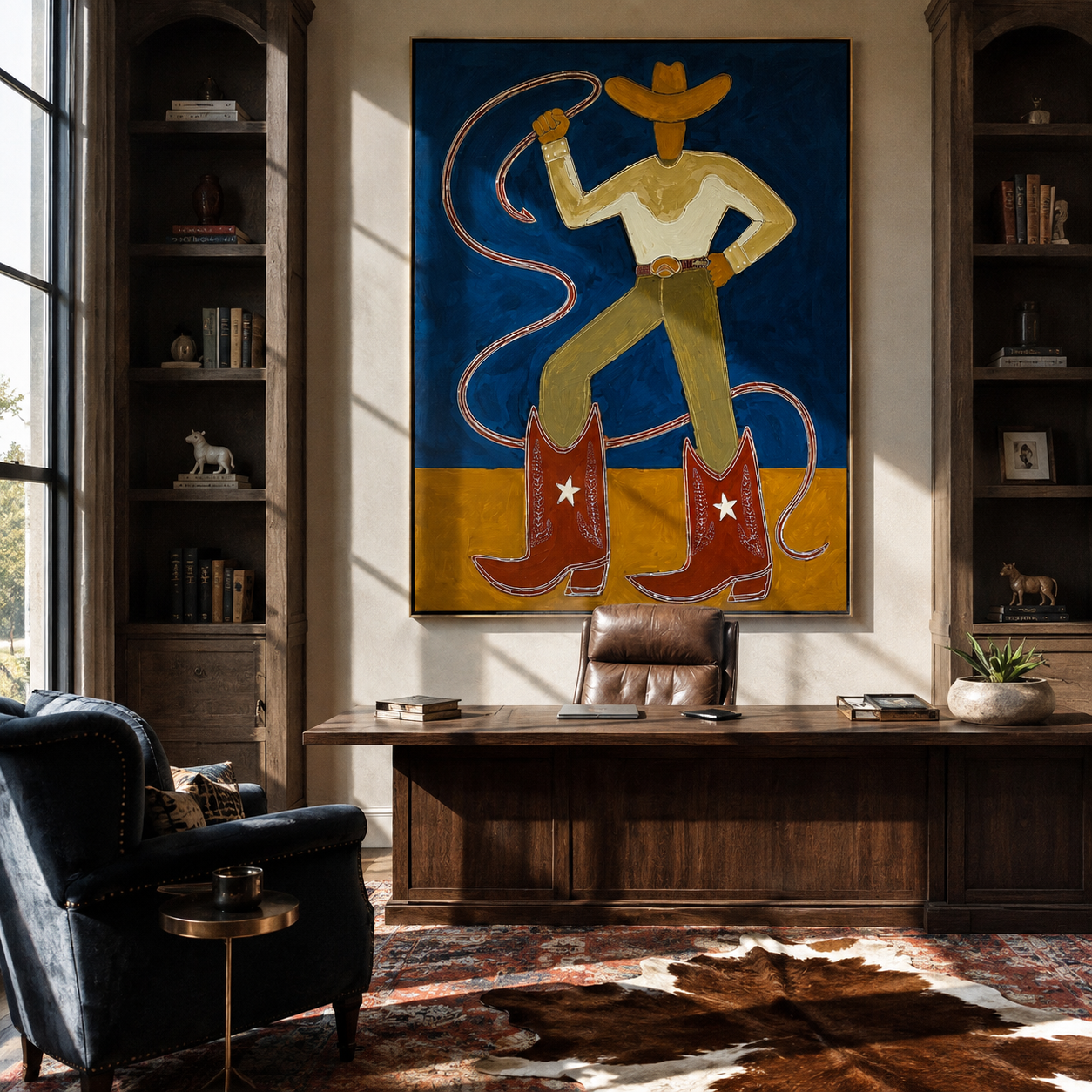 Golden Boots Command Blue - cowboy lasso boots painting by Ethan Mercer, contemporary Western vertical wall art – styled room scene view 4
