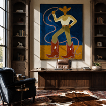 Golden Boots Command Blue - cowboy lasso boots painting by Ethan Mercer, contemporary Western vertical wall art – styled room scene view 4