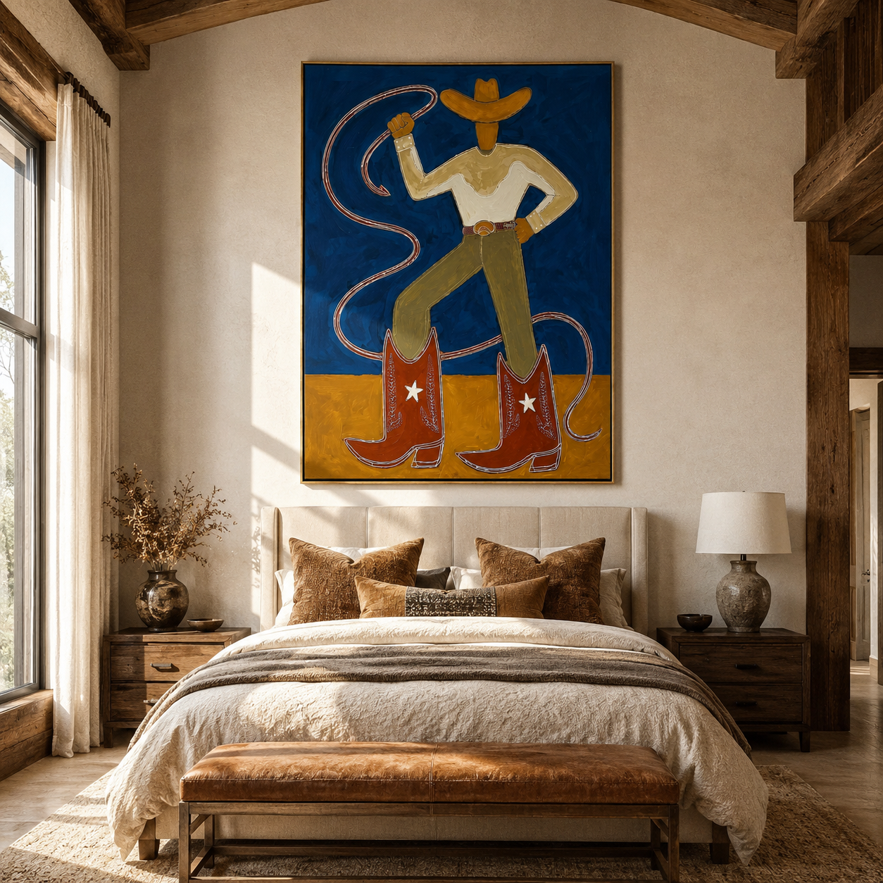 Golden Boots Command Blue - cowboy lasso boots painting by Ethan Mercer, contemporary Western vertical wall art – styled room scene view 5