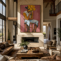 Ochre Flowers Hide Thought - cowboy flower portrait painting by Ethan Mercer, contemporary Western vertical wall art – styled room scene view 1