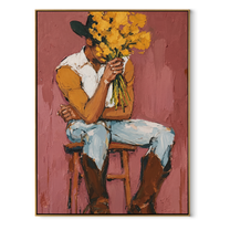 Ochre Flowers Hide Thought - cowboy flower portrait painting by Ethan Mercer, contemporary Western vertical wall art – wood frame on white background