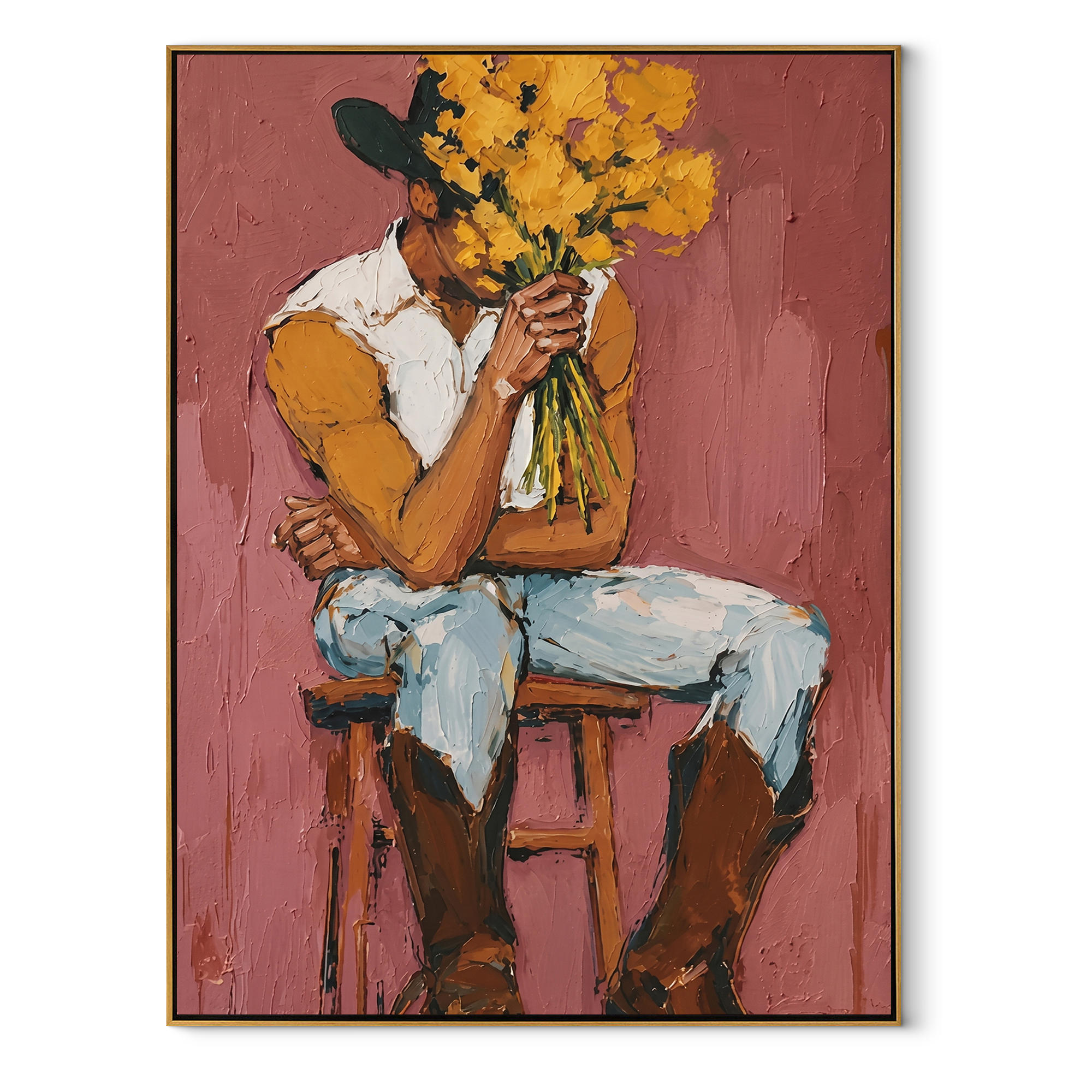 Ochre Flowers Hide Thought - cowboy flower portrait painting by Ethan Mercer, contemporary Western vertical wall art – wood frame on white background