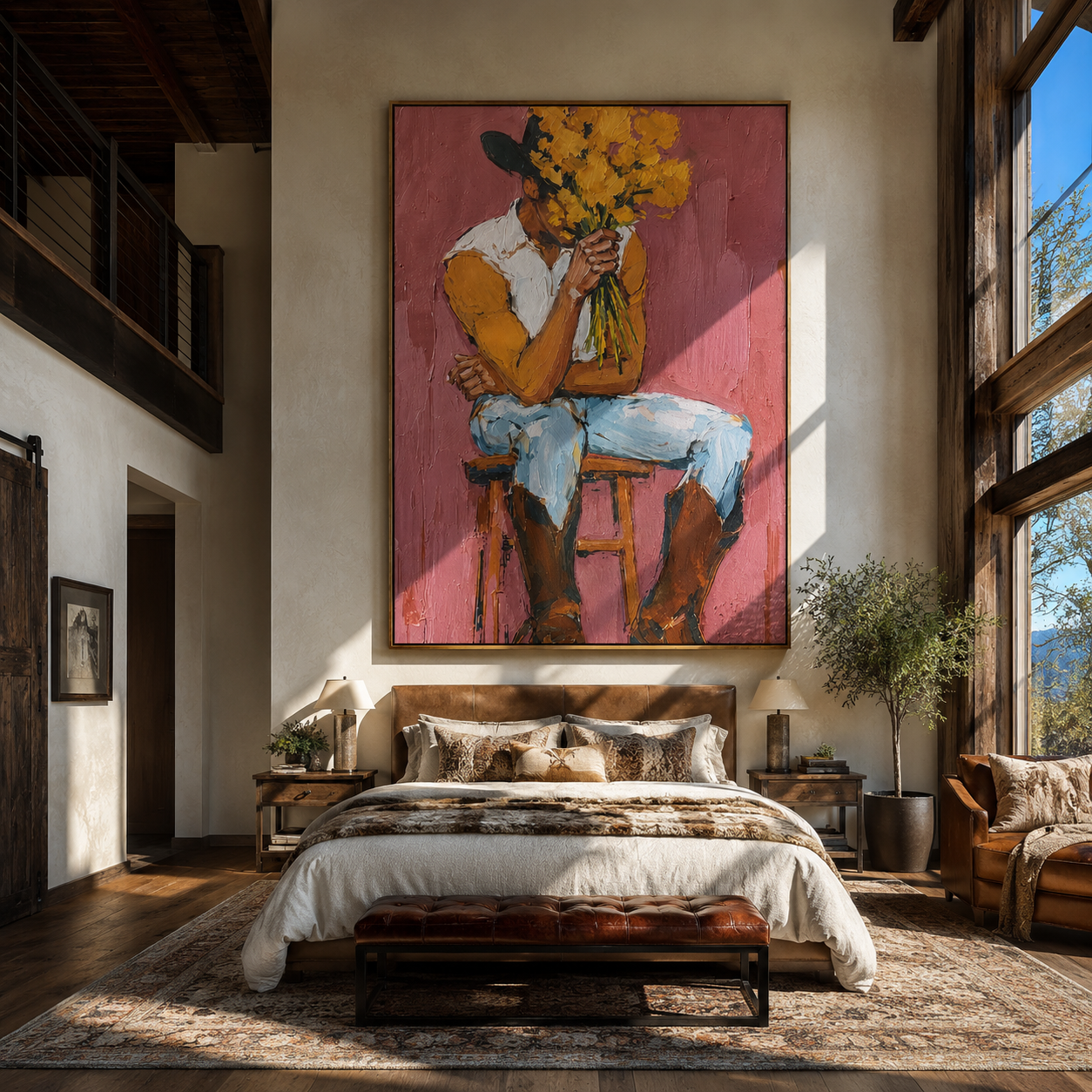 Ochre Flowers Hide Thought - cowboy flower portrait painting by Ethan Mercer, contemporary Western vertical wall art – styled room scene view 2