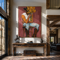 Ochre Flowers Hide Thought - cowboy flower portrait painting by Ethan Mercer, contemporary Western vertical wall art – styled room scene view 3