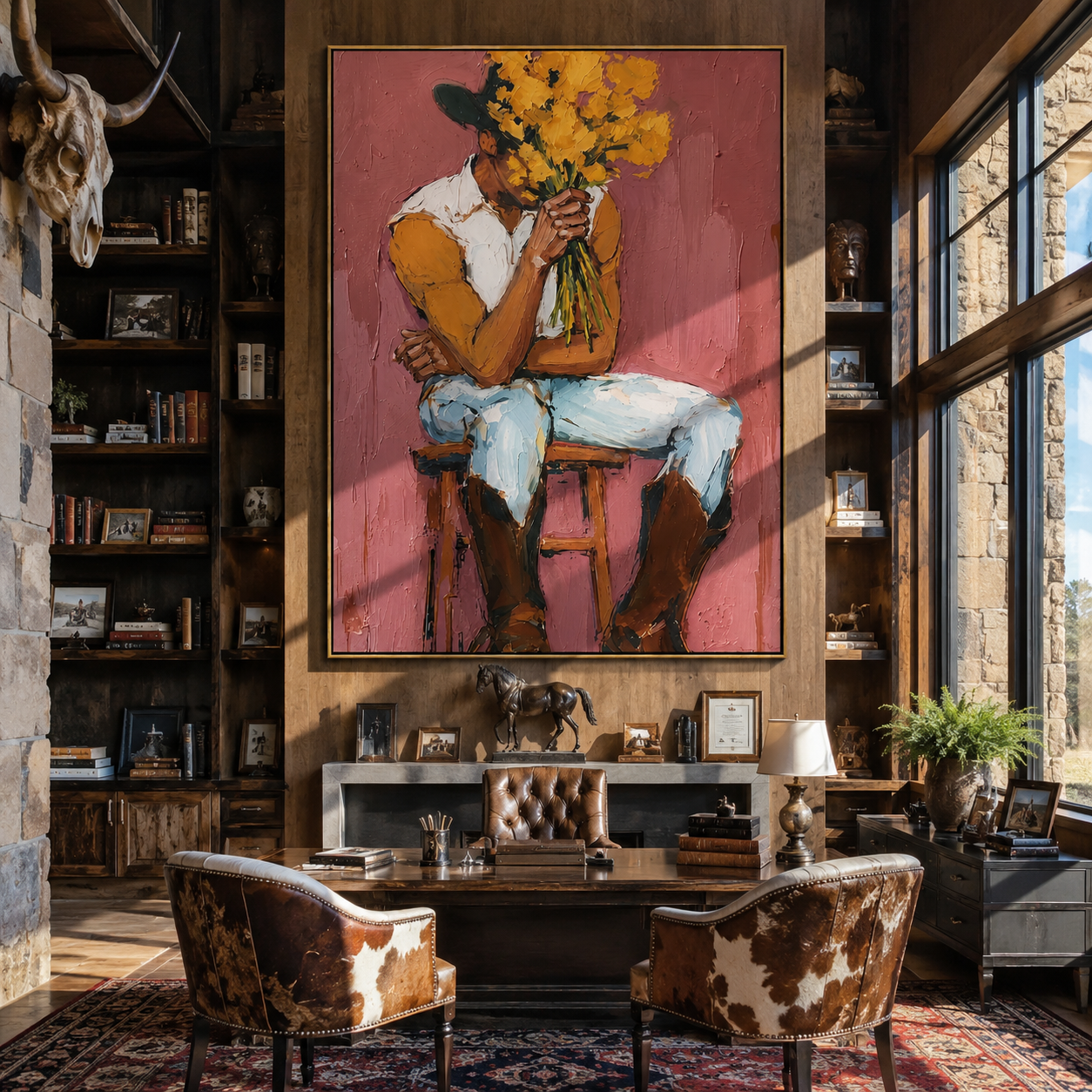 Ochre Flowers Hide Thought - cowboy flower portrait painting by Ethan Mercer, contemporary Western vertical wall art – styled room scene view 4
