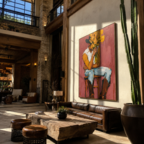 Ochre Flowers Hide Thought - cowboy flower portrait painting by Ethan Mercer, contemporary Western vertical wall art – styled room scene view 5