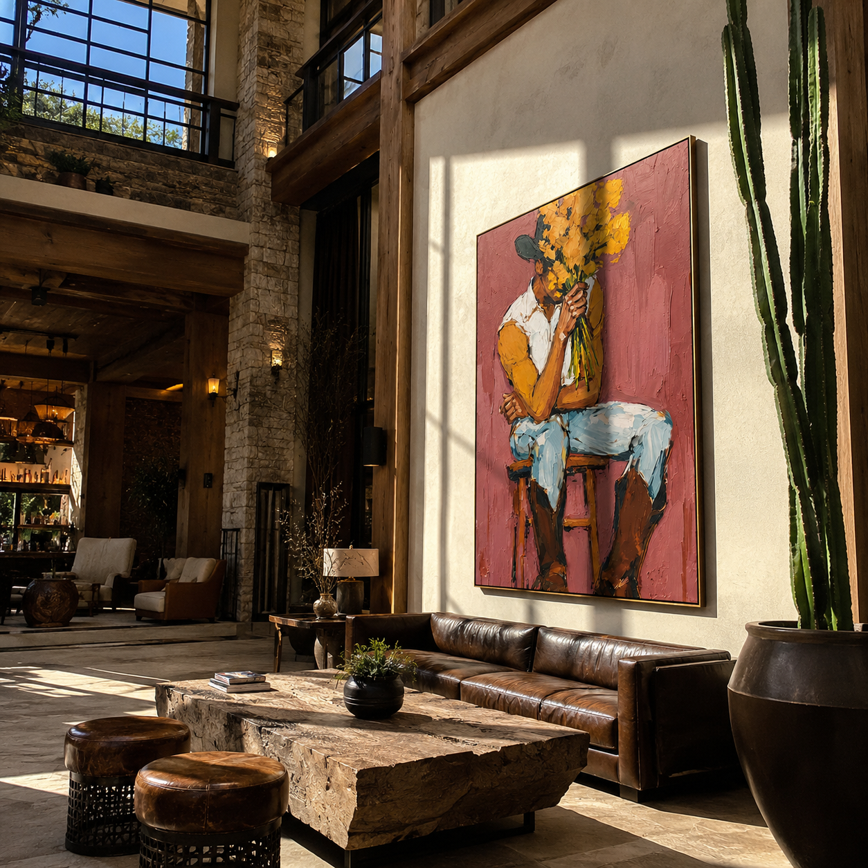 Ochre Flowers Hide Thought - cowboy flower portrait painting by Ethan Mercer, contemporary Western vertical wall art – styled room scene view 5
