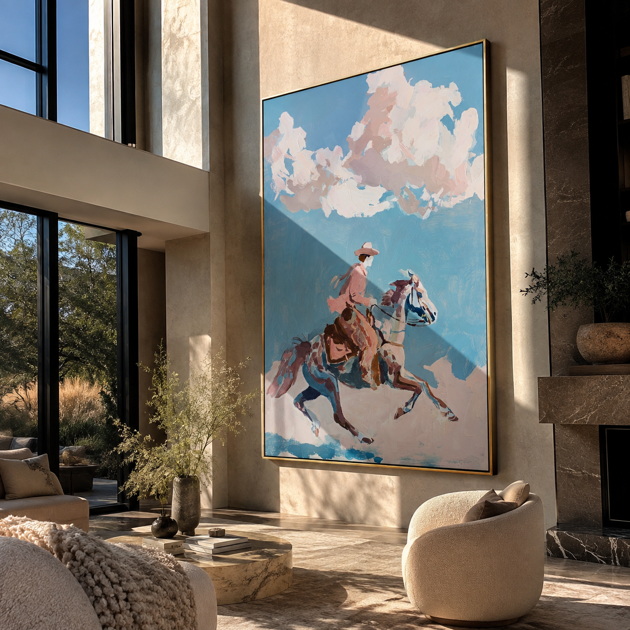 Pink Rider Crosses Clouds - cloud horse rider painting by Ethan Mercer, contemporary Western vertical wall art – styled room scene view 1
