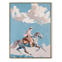 Pink Rider Crosses Clouds - cloud horse rider painting by Ethan Mercer, contemporary Western vertical wall art – wood frame on white background