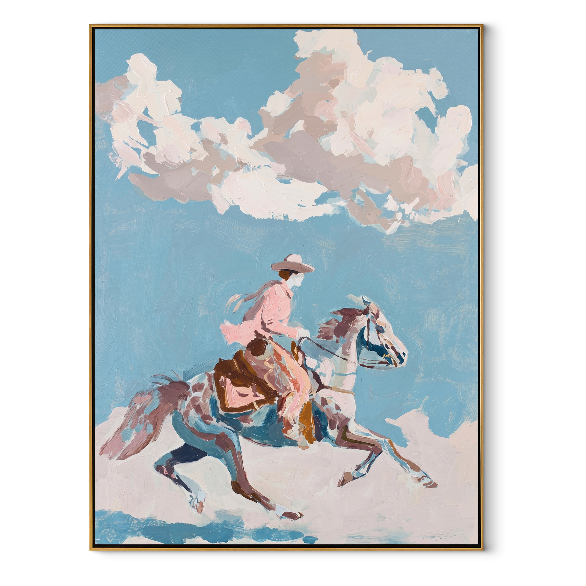 Pink Rider Crosses Clouds - cloud horse rider painting by Ethan Mercer, contemporary Western vertical wall art – wood frame on white background
