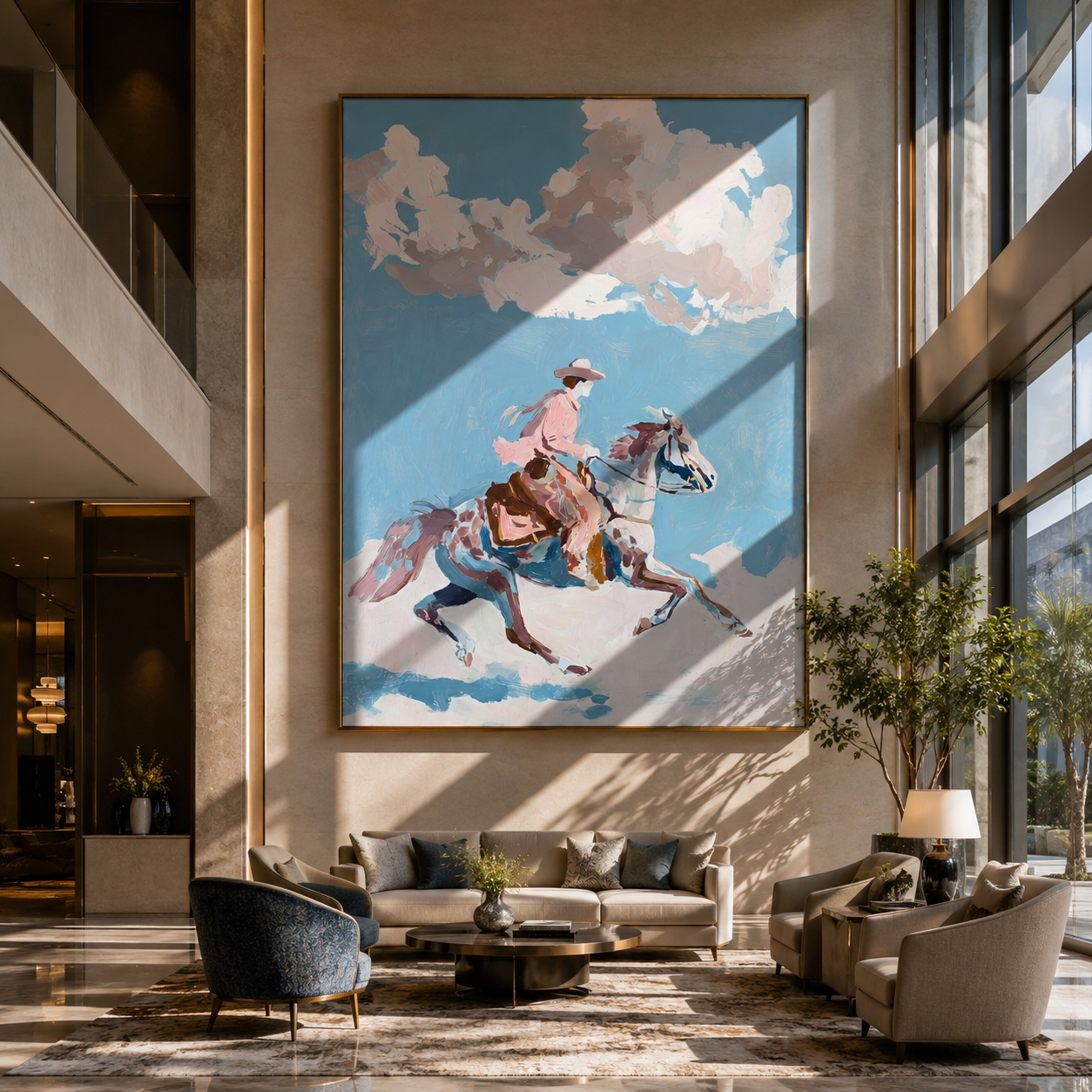 Pink Rider Crosses Clouds - cloud horse rider painting by Ethan Mercer, contemporary Western vertical wall art – styled room scene view 2