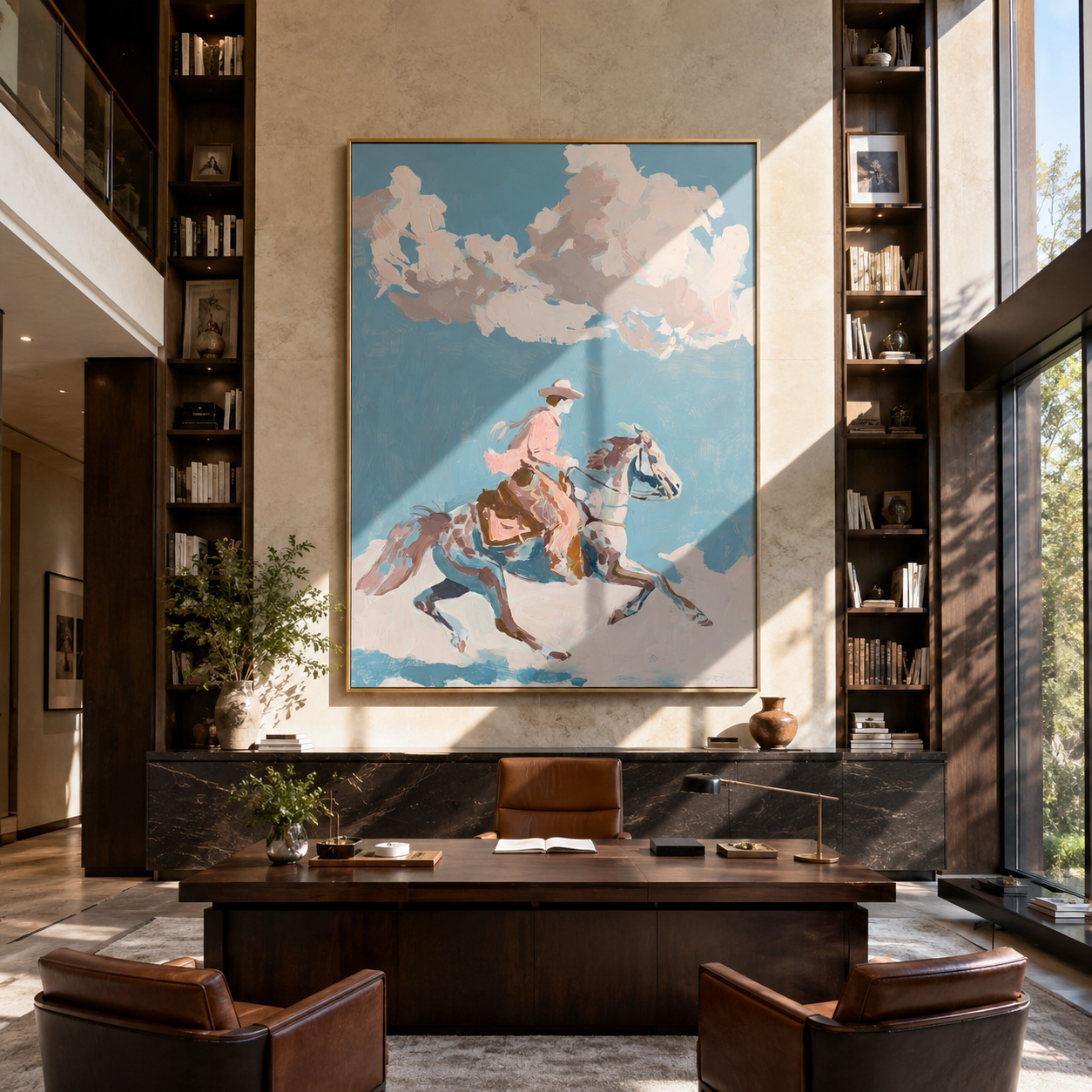 Pink Rider Crosses Clouds - cloud horse rider painting by Ethan Mercer, contemporary Western vertical wall art – styled room scene view 3