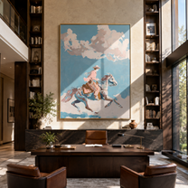 Pink Rider Crosses Clouds - cloud horse rider painting by Ethan Mercer, contemporary Western vertical wall art – styled room scene view 3