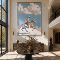 Pink Rider Crosses Clouds - cloud horse rider painting by Ethan Mercer, contemporary Western vertical wall art – styled room scene view 4