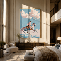 Pink Rider Crosses Clouds - cloud horse rider painting by Ethan Mercer, contemporary Western vertical wall art – styled room scene view 5