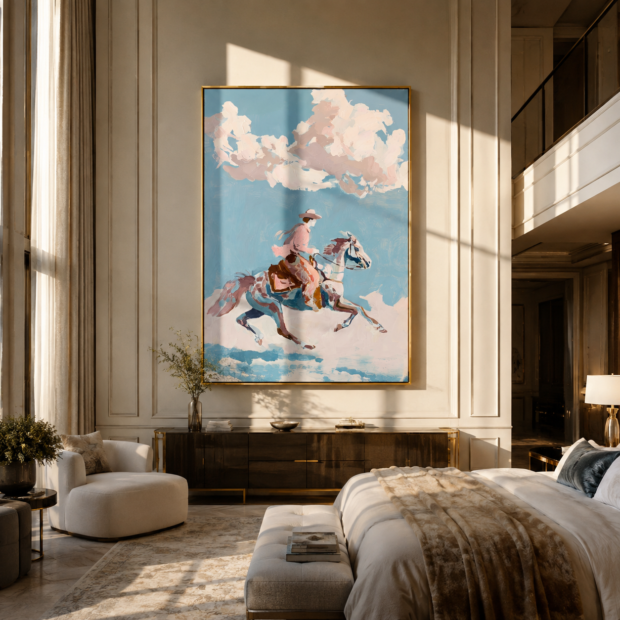 Pink Rider Crosses Clouds - cloud horse rider painting by Ethan Mercer, contemporary Western vertical wall art – styled room scene view 5