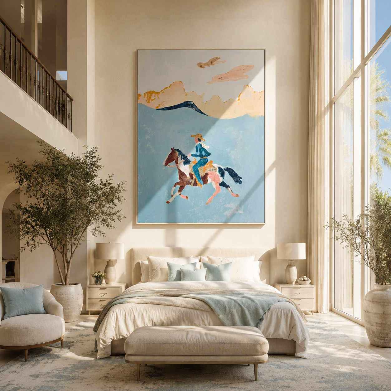 Three Horses Chase Wind - three horse rider painting by Ethan Mercer, contemporary Western vertical wall art – styled room scene view 1