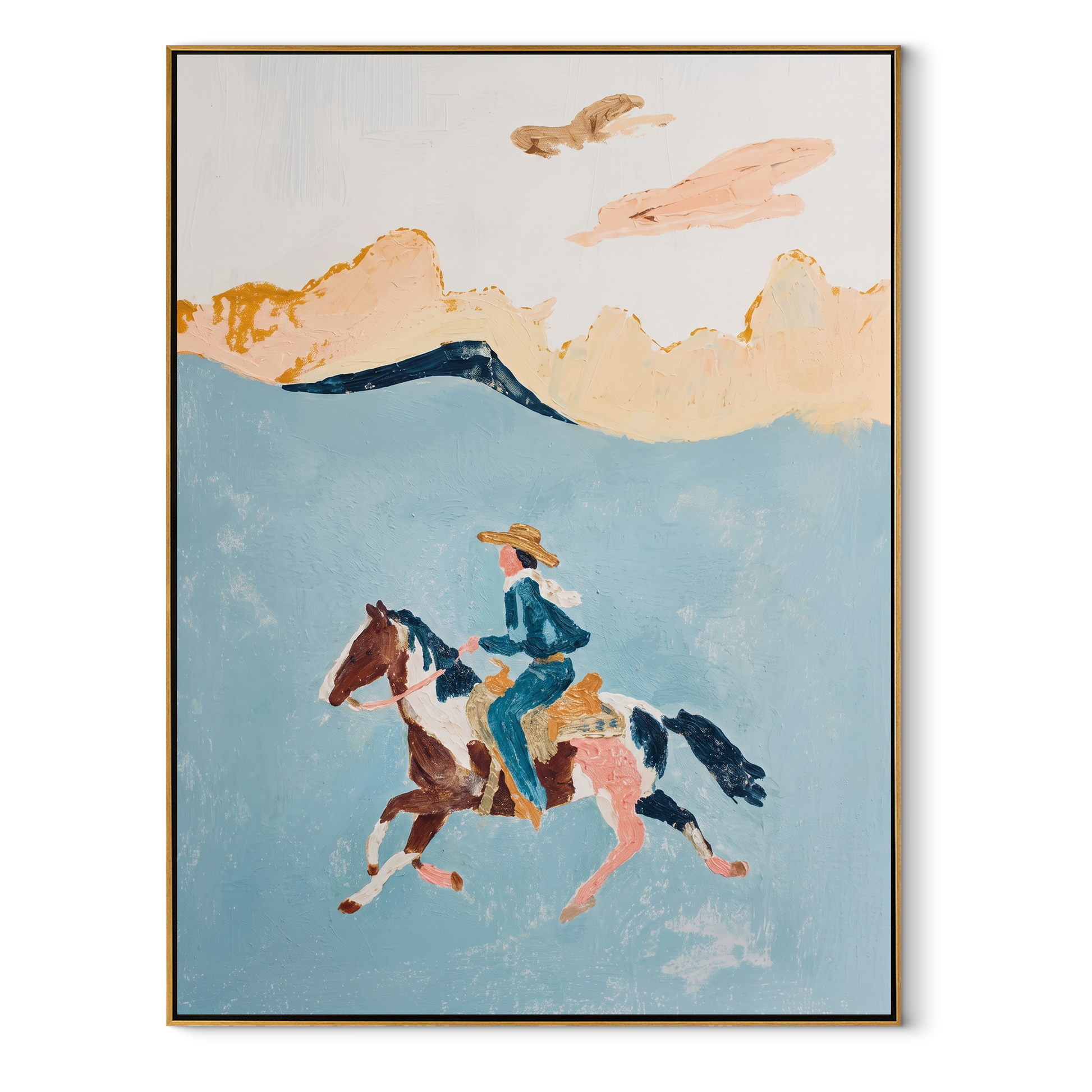 Three Horses Chase Wind - three horse rider painting by Ethan Mercer, contemporary Western vertical wall art – wood frame on white background