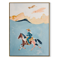 Three Horses Chase Wind - three horse rider painting by Ethan Mercer, contemporary Western vertical wall art – wood frame on white background