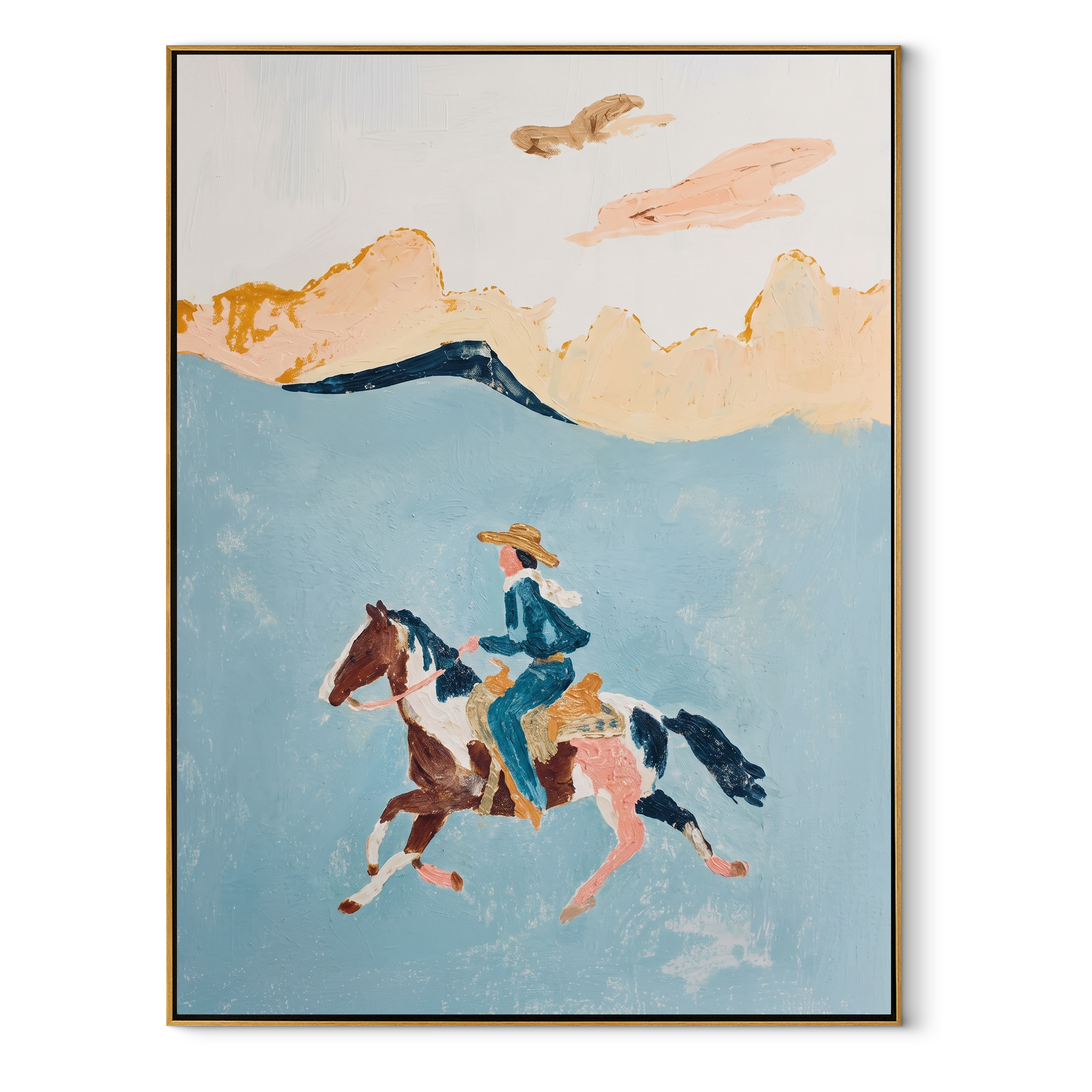 Three Horses Chase Wind - three horse rider painting by Ethan Mercer, contemporary Western vertical wall art – wood frame on white background
