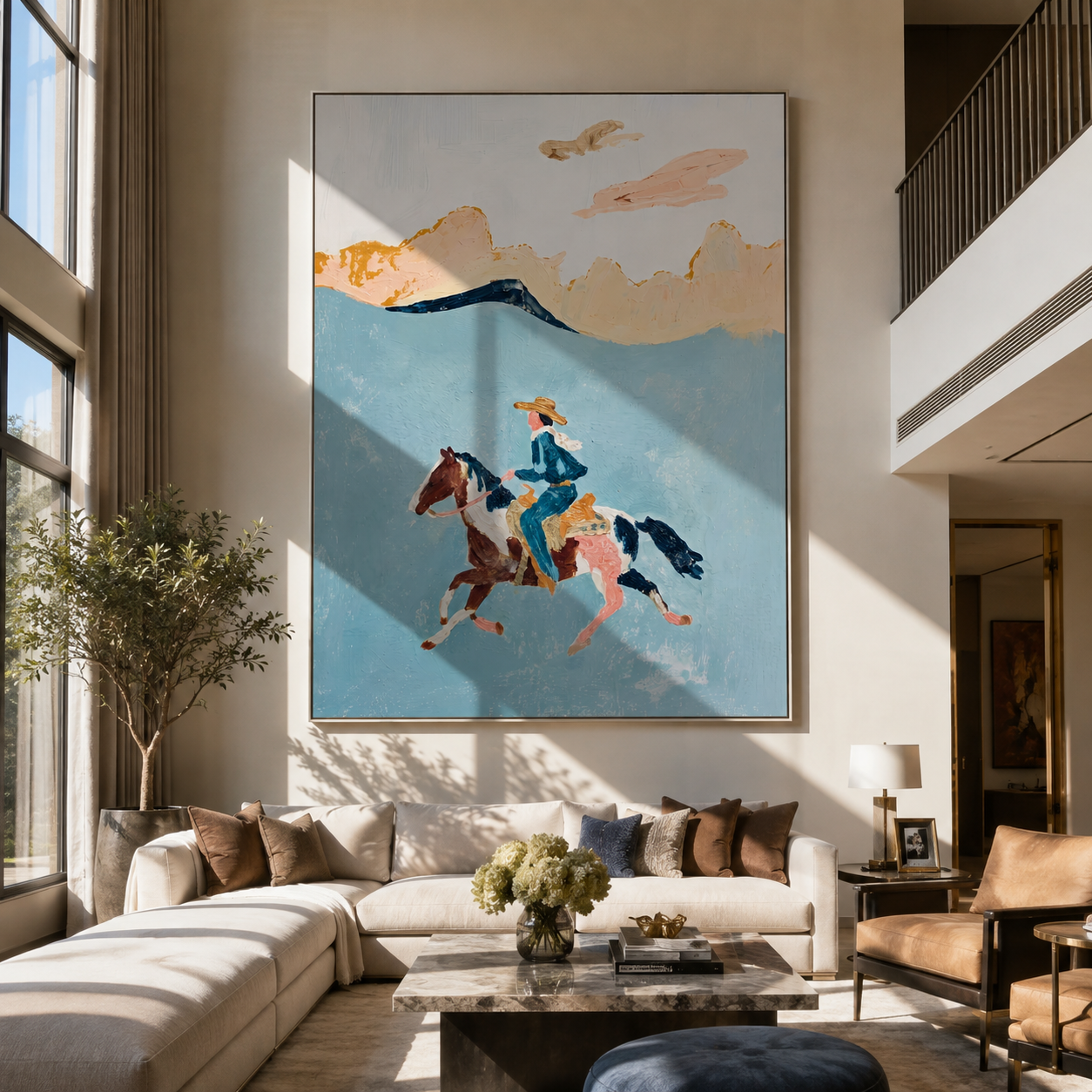 Three Horses Chase Wind - three horse rider painting by Ethan Mercer, contemporary Western vertical wall art – styled room scene view 2